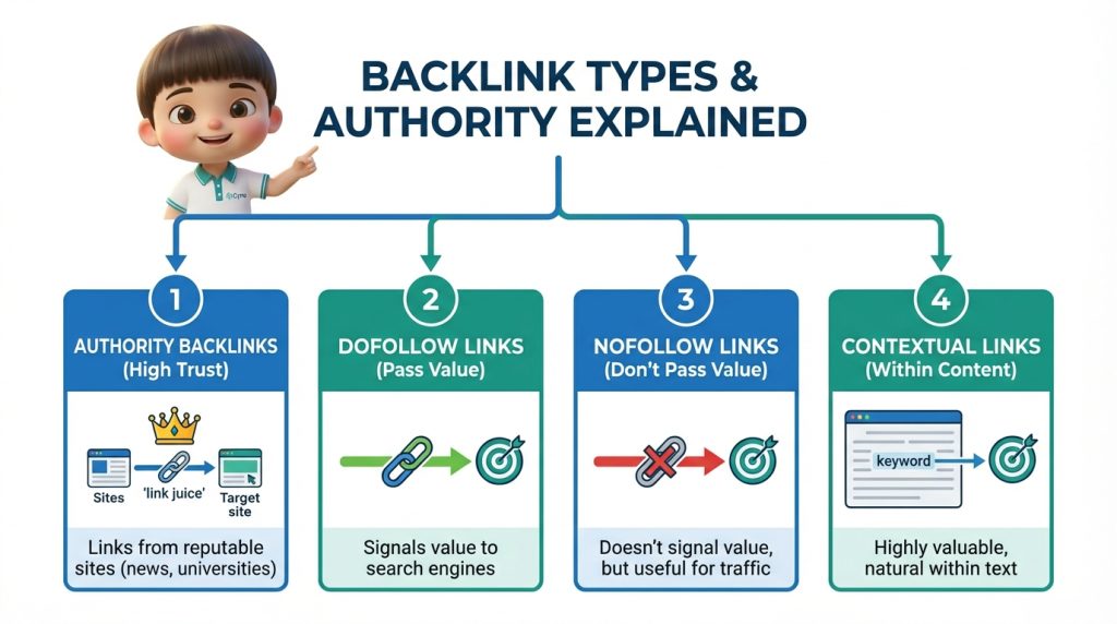 Các loại backlink quan trọng gồm authority link, dofollow và nofollow