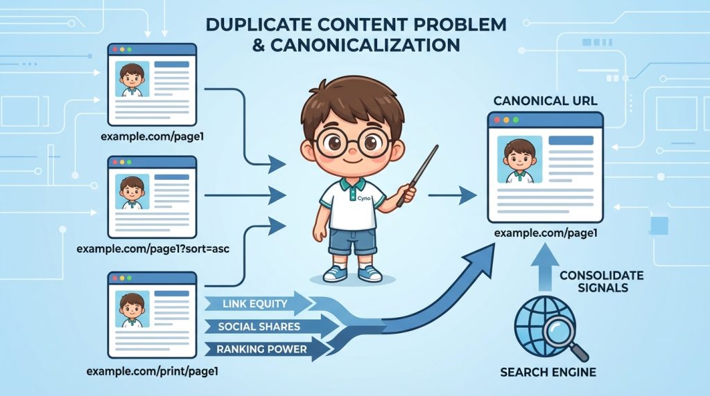 Thẻ canonical giúp xử lý trùng lặp nội dung và hợp nhất tín hiệu SEO