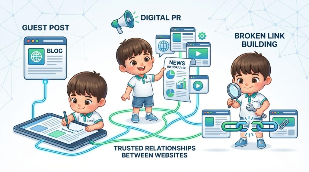 Các chiến lược link building an toàn như guest post và broken link