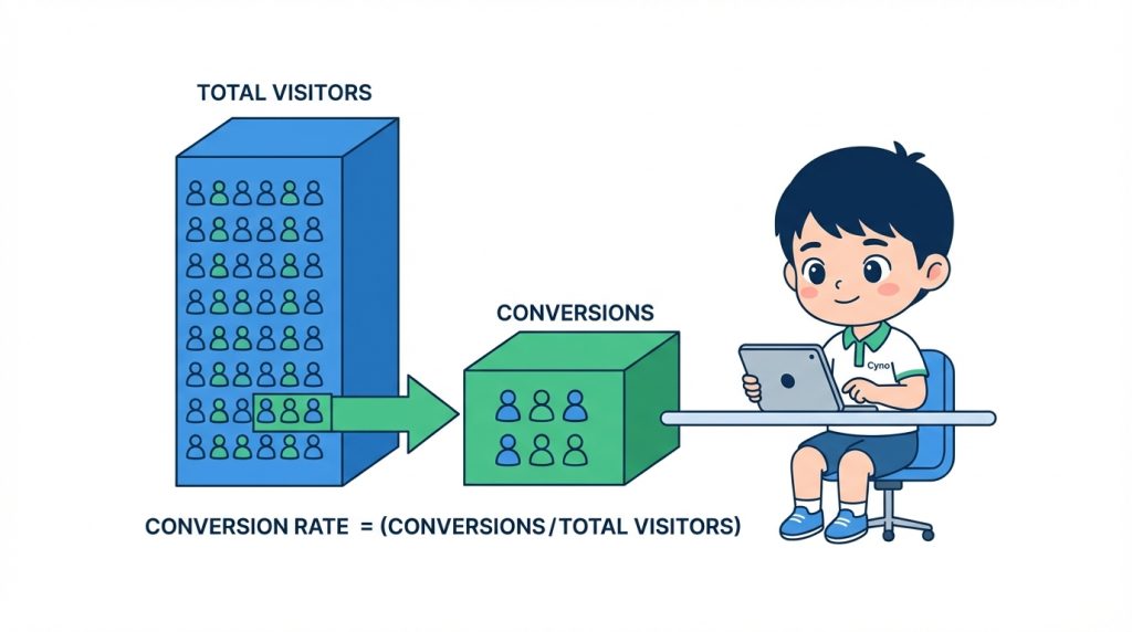 Tỷ lệ chuyển đổi = Số lượt chuyển đổi / Tổng lượt truy cập.