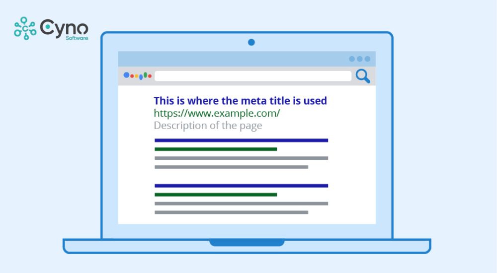 Meta Title thường là dòng chữ đầu tiên có màu xanh